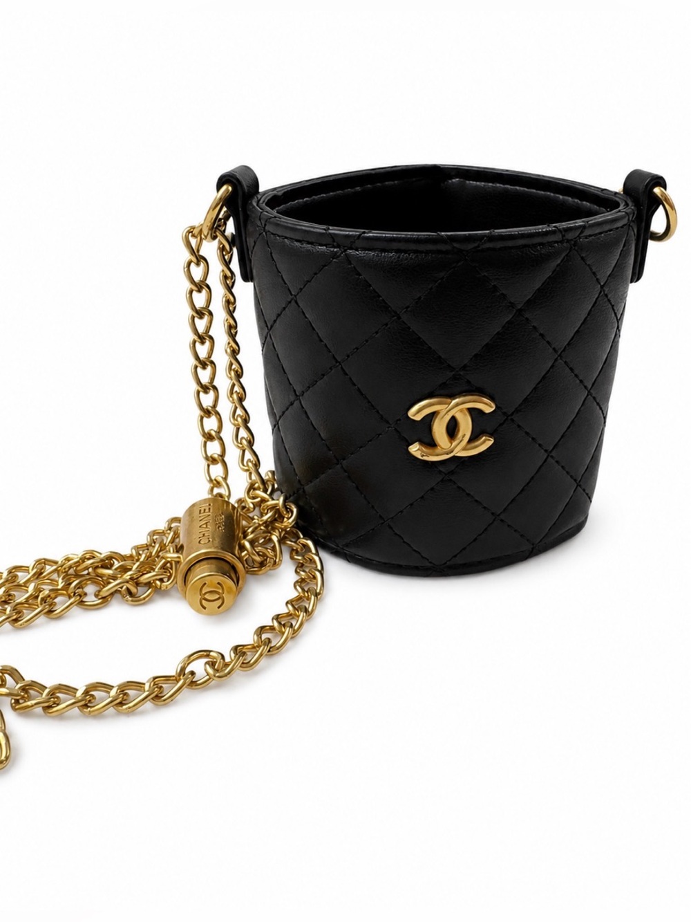 NWT CHANEL Beauty GWP Black Quilted Cup Holder Crossbody Gold Chain